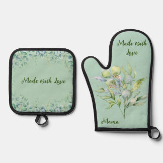 Rustic Floral Greenery Made with Love  Oven Mitt & Pot Holder Set