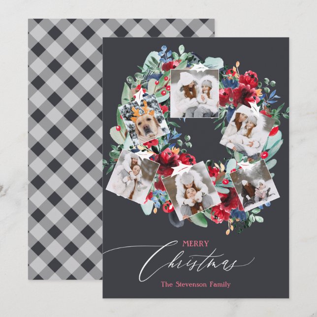 Rustic floral grey 6 photos Christmas wreath Holiday Card (Front/Back)