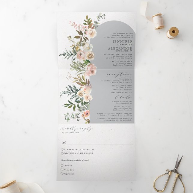 Rustic Floral Grey All in One Wedding Tri-Fold (Inside)