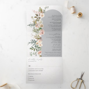 Rustic Floral Grey All in One Wedding Tri-Fold Invitation