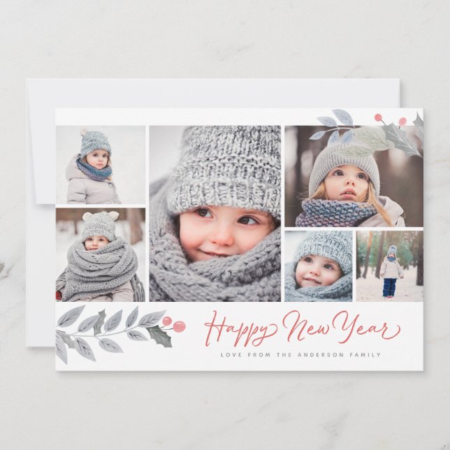 Rustic Floral Happy New Year  Multi-Photo Collage Holiday Card (Front)