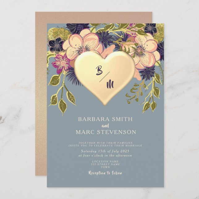 Rustic Floral Heart Gold Dusty Blue Wedding Invite (Front/Back)