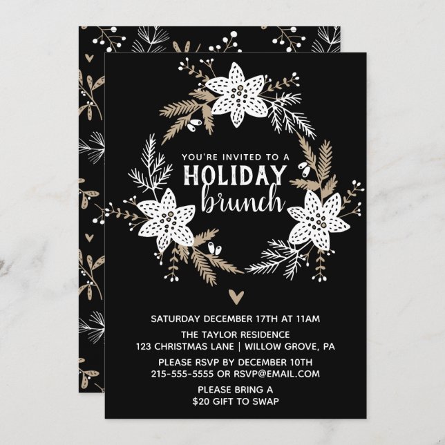 Rustic Floral Holiday Brunch Party Invitation (Front/Back)