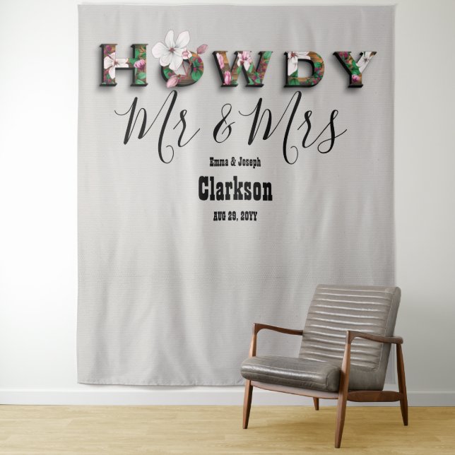 Rustic Floral Howdy Mr Mrs Linen Photo Backdrop Tapestry (In Situ)