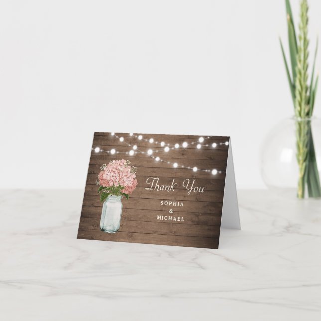 Rustic Floral Hydrangea Mason Jar String Lights Thank You Card (Front)