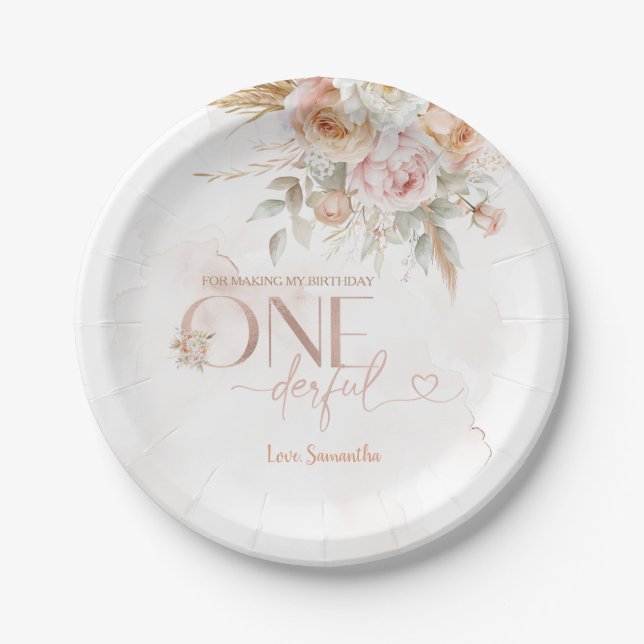 Rustic Floral Isn't She Onederful Birthday Paper Plate (Front)