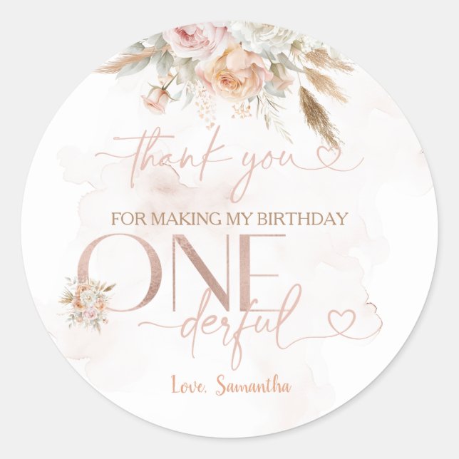 Rustic Floral Isn't She Onederful Thank You Classic Round Sticker (Front)