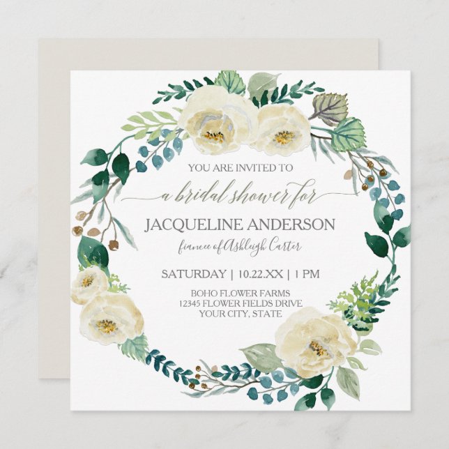 Rustic Floral Ivory Rose Foliage Bridal Shower  Invitation (Front/Back)