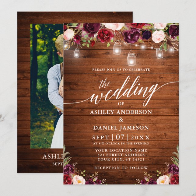 Rustic Floral Jar Lights Calligraphy Photo Wedding Invitation (Front/Back)