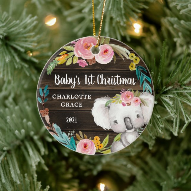 Rustic Floral Koala Baby's First Christmas Ceramic Ornament (Tree)