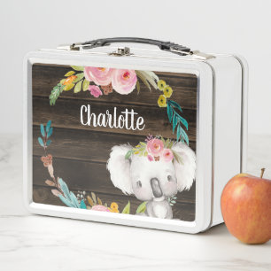 Rustic Floral Koala Personalized Girls Metal Lunch Box