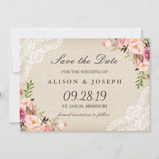 Rustic Floral Lace Ivory Burlap Save the Date (Front)