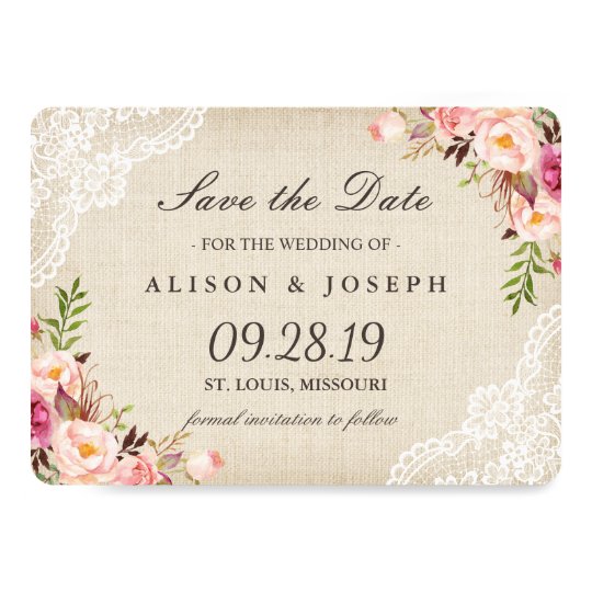 Rustic Floral Lace Ivory Burlap Save the Date Card
