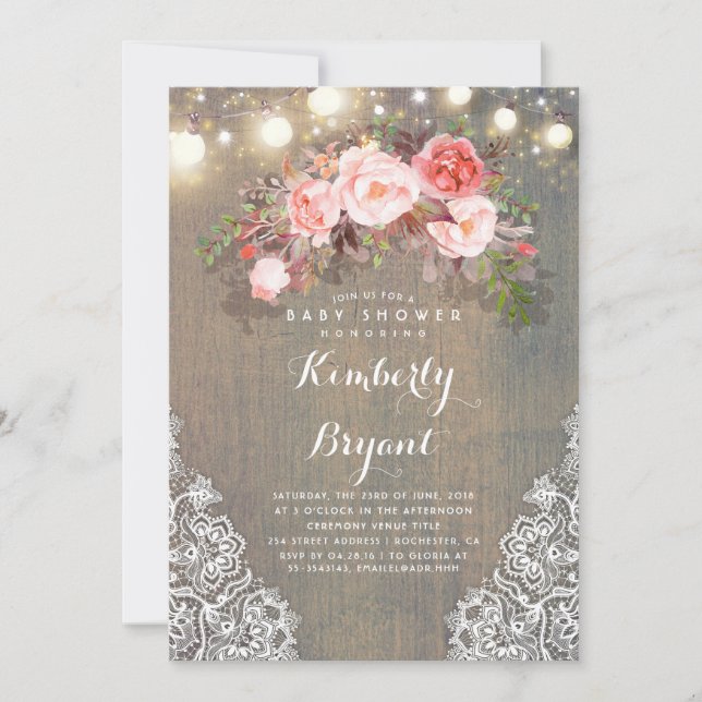 Rustic Floral Lace Lights Wood Baby Shower Invitation (Front)