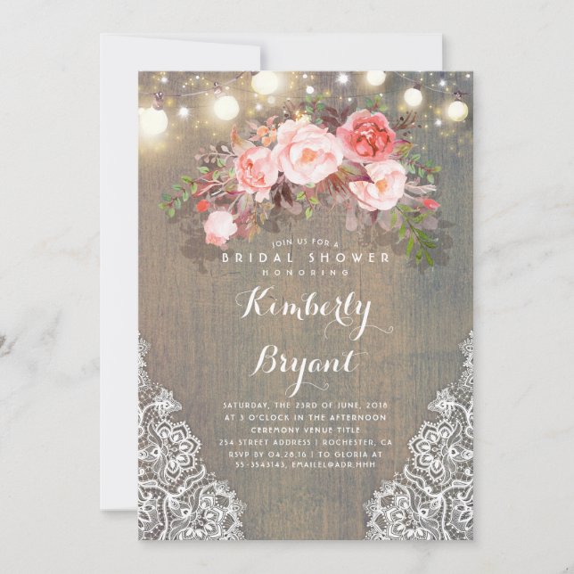 Rustic Floral Lace Lights Wood Bridal Shower Invitation (Front)