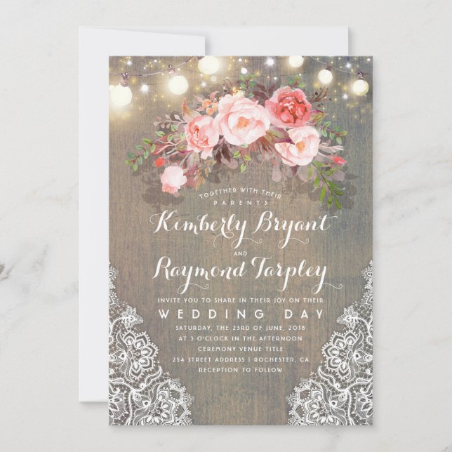 Rustic Floral Lace String Lights and Wood Wedding Invitation (Front)