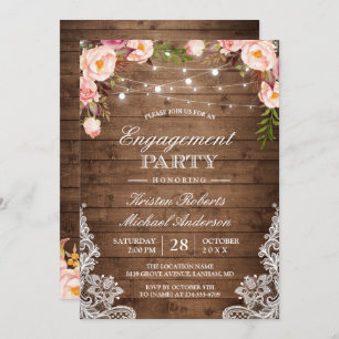 Rustic Floral Lace String Lights Engagement Party Invitation