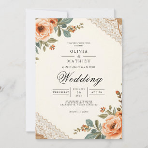 Rustic Floral Lace Wedding Invitation