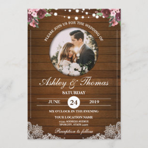 Rustic Floral Lace Wedding Wood Photo Personalize Invitation