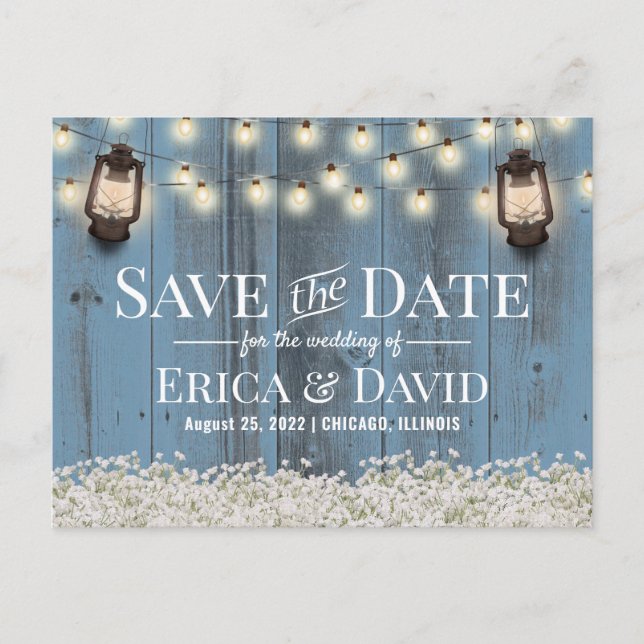 Rustic Floral Lantern Dusty Blue Save the Date Announcement Postcard (Front)