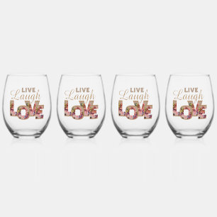 Rustic Floral Letters Live Laugh Love  Stemless Wine Glass