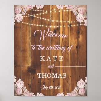 Rustic Floral Light Strings Wedding Welcome Sign