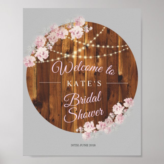 Rustic Floral Light Strings Wooden Bridal Shower Poster (Front)