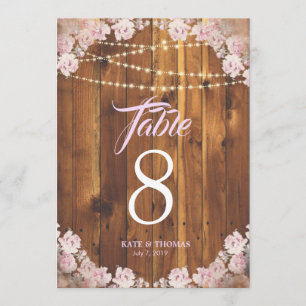 Rustic Floral Light Strings Wooden Table Number