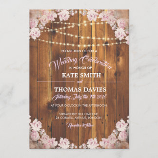 Rustic Floral Light Strings Wooden Wedding Invite