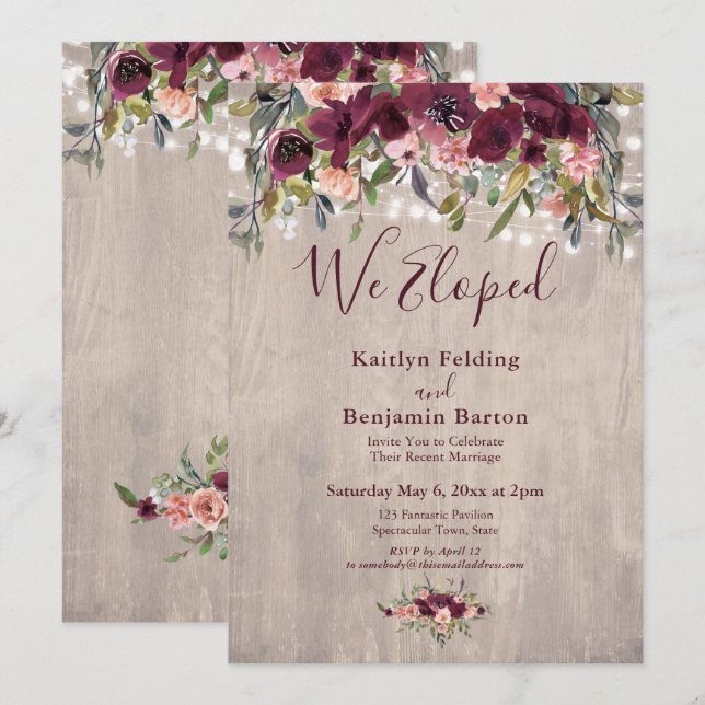 Rustic Floral Lights We Eloped Reception Only Invitation (Front/Back)