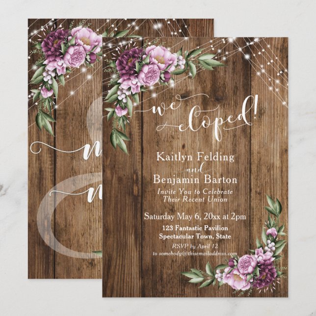 Rustic Floral Lights We Eloped Reception Only Invitation (Front/Back)