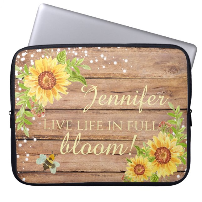 Rustic Floral Live Life In Full Bloom Personalized Laptop Sleeve (Front)