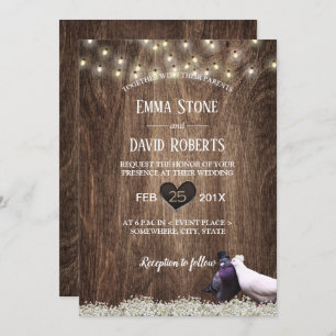 Rustic Floral Lovebirds & String Lights Wedding Invitation