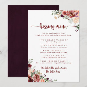 Rustic Floral Mariage Kissing Menu Carte de jeu
