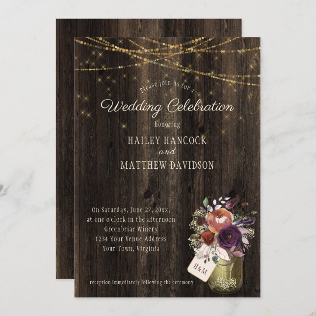 Rustic Floral Mason Jar Gold String Lights Wedding Invitation (Front/Back)