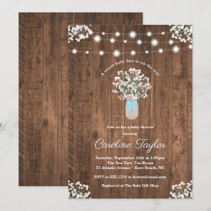 Rustic Floral Mason Jar Lights Baby Boy Shower Invitation