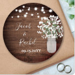 Rustic Floral Mason Jar & Lights Wedding Classic Round Sticker<br><div class="desc">This design features dainty watercolor baby's breath flowers in a mason jar vase on a rustic wood background with string lights. Click the customize button for more flexibility in modifying the text or moving the graphics! Variations of this design as well as coordinating products are available in our shop, zazzle.com/doodlelulu*....</div>