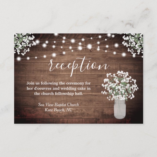 Rustic Floral Mason Jar Lights Wedding Reception Enclosure Card (Front)