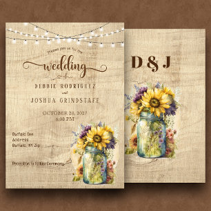 Rustic Floral Mason Jar on Wood Wedding Invitation