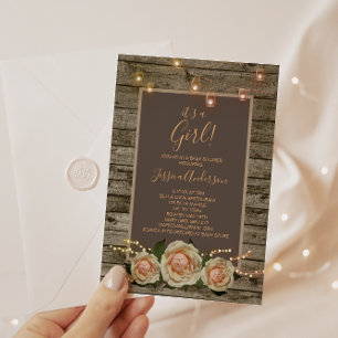 Rustic Floral Mason Jar String Light Baby Shower Invitation