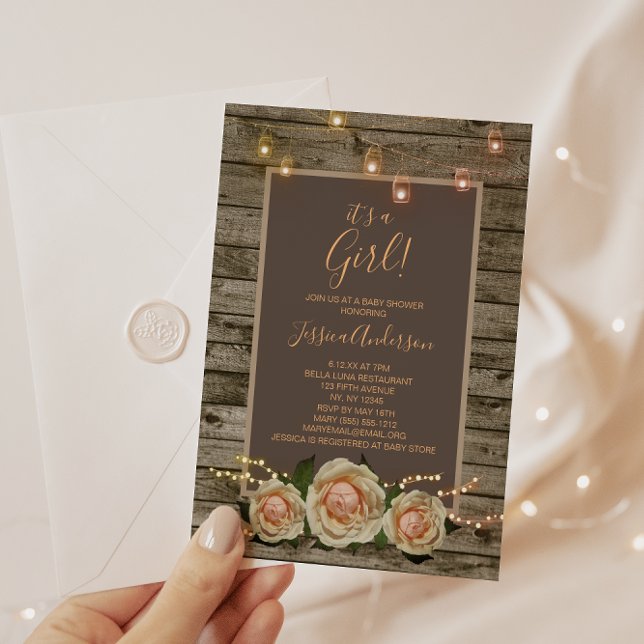 Rustic Floral Mason Jar String Light Baby Shower Invitation (Creator Uploaded)