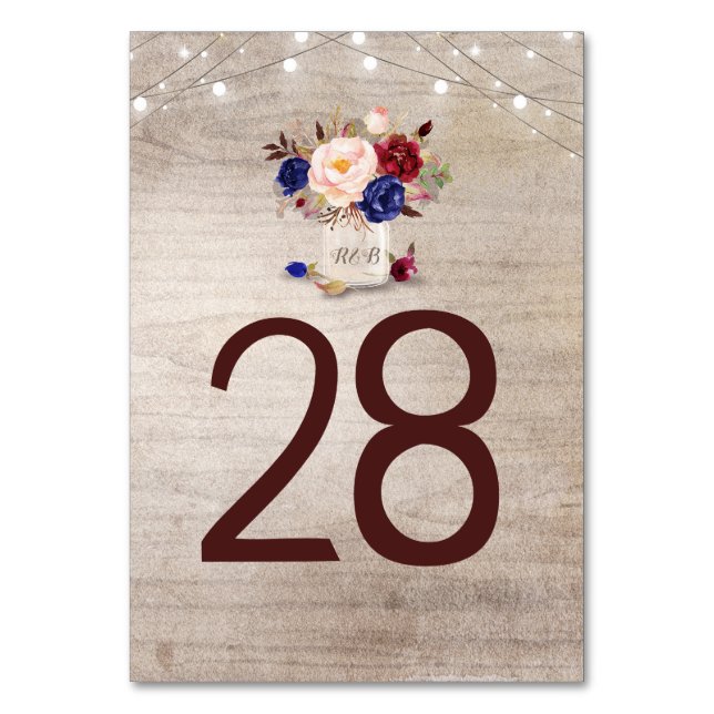 Rustic Floral Mason Jar Wedding Table Number Cards (Front)