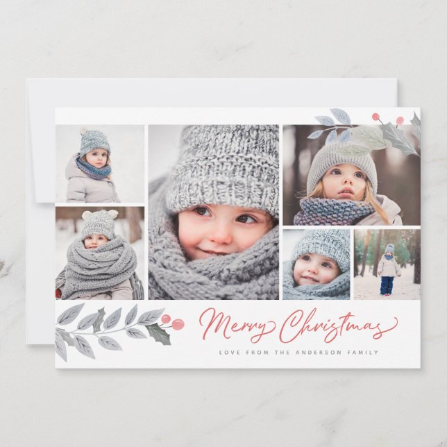 Rustic Floral Merry Christmas Multi-Photo Collage Holiday Card (Front)