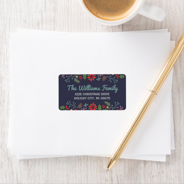 Rustic Floral Midnight Blue Holiday Address Label (Insitu)