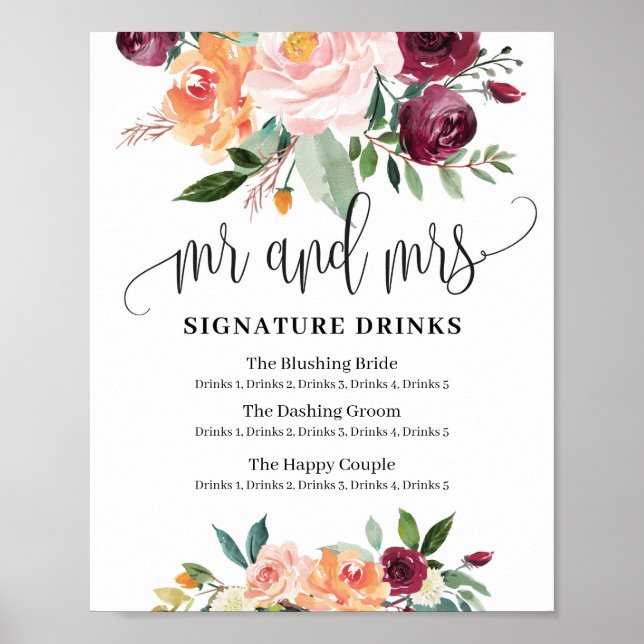 Rustic floral mr and mrs signature drinks sign (Front)