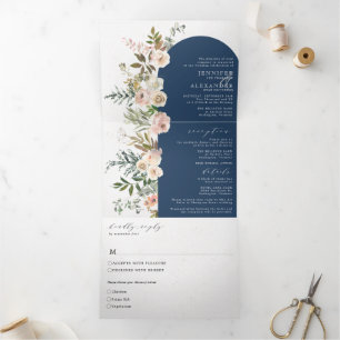 Rustic Floral Navy All in One Wedding Tri-Fold Invitation