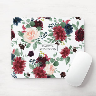 Rustic Floral   Navy and Burgundy Marsala Pattern Mouse Pad