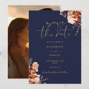 Rustic Floral Navy Blue And Gold Photo Wedding Save The Date