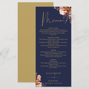 Rustic Floral Navy Blue And Gold Wedding Dinner Menu