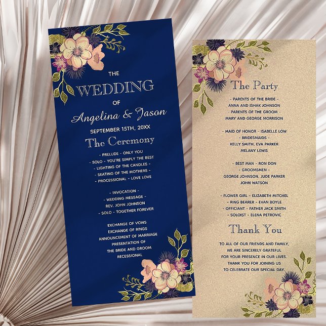 Rustic Floral Navy Blue Wedding Program (Creator Uploaded)
